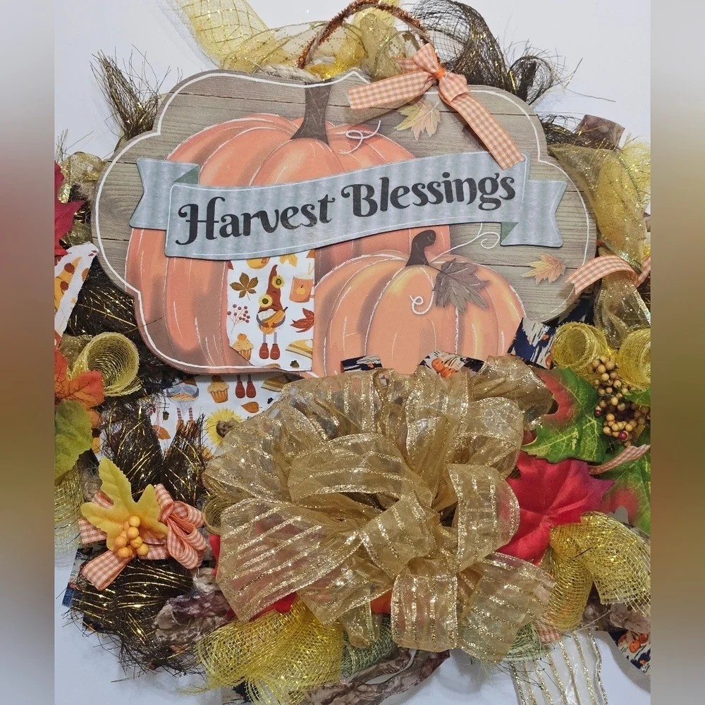 Hand Crafted handmade holiday wreath Harvest Blessings Gnome fabric plaid ribbon